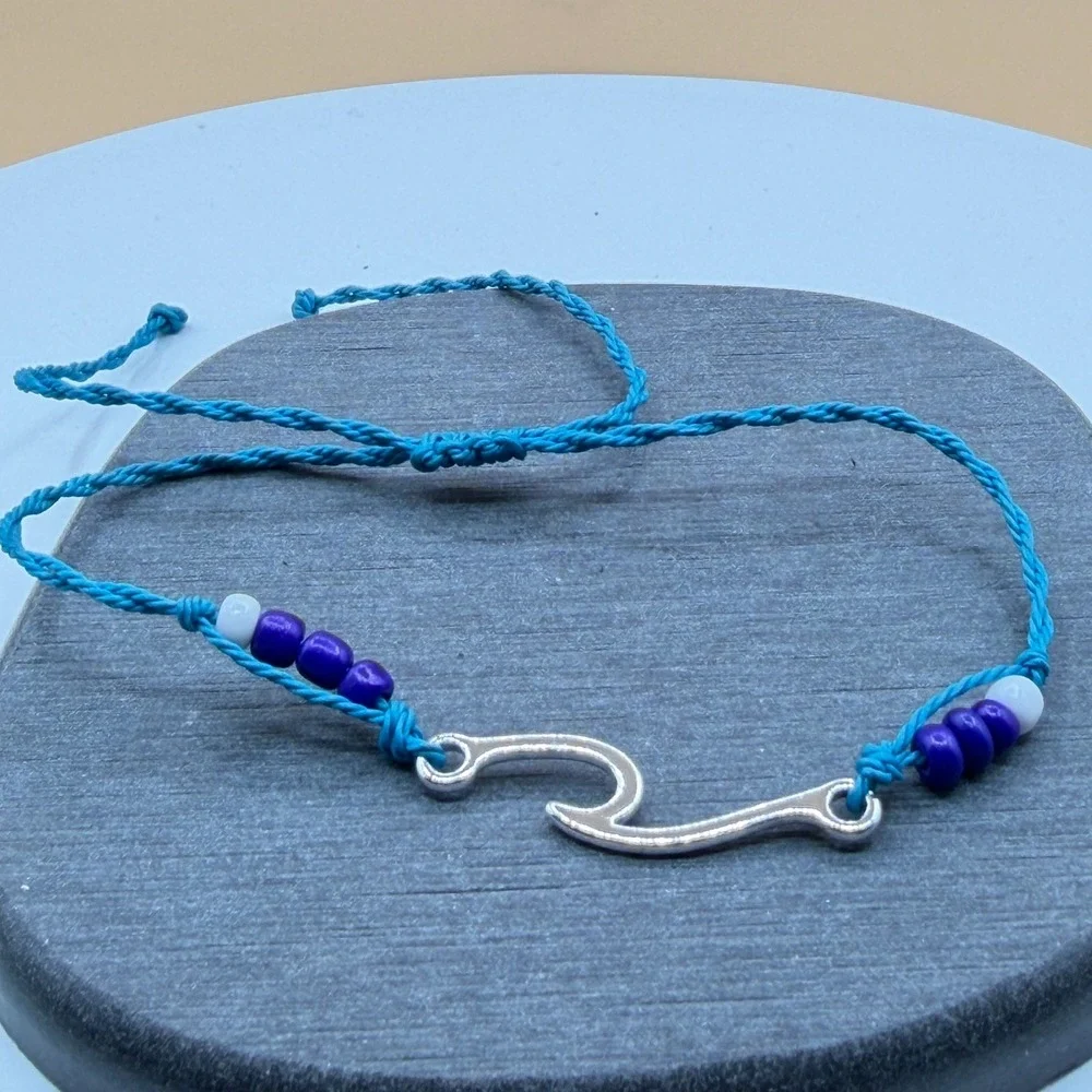 Silver Tone Ocean Wave Charm Blue Cord Purple Bead Adjustable Surfer Bracelet